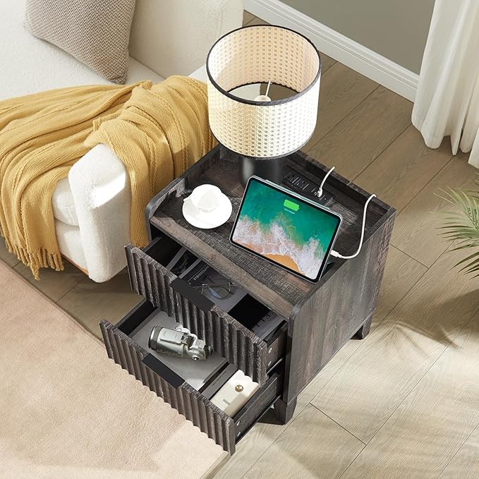 Wnutrees Fluted Nightstand with Charging Station, Modern Bedside Table with 2 Drawers, Farmhouse Wooden End Side Table Living Room, Dark