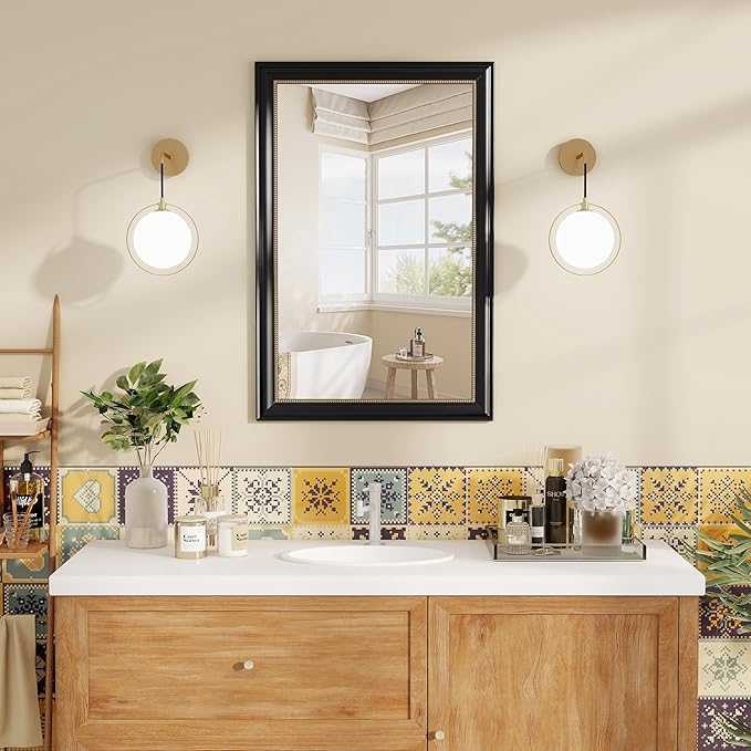Axeman 32x48 Rectangular Wall Mirror, Decorative Bathroom Mirror, Traditional Vintage Wall Mounted Mirror with Beaded Frame for Accent Living Room Vanity Bedroom Entryway, Black