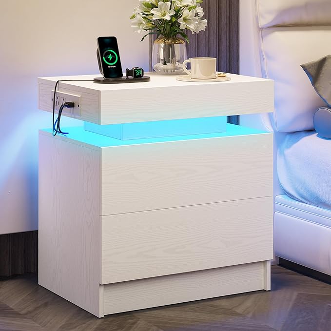 LIKIMIO Night Stand Set of 2, Modern White Nightstand with with Charging Station, Bedside Tables with LED Light and Drawers, End Table for Bedroom