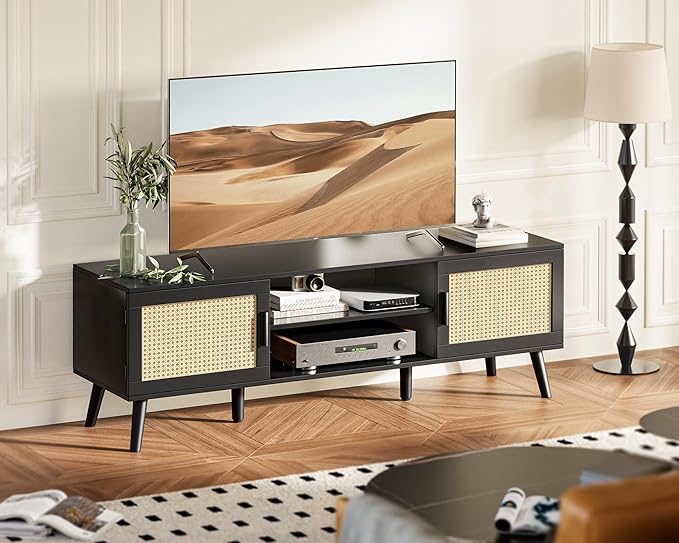 SUPERJARE TV Stand for 65 Inch TV, Entertainment Center with Adjustable Shelf, Rattan TV Console with 2 Cabinets, Media Console, Solid Wood Feet, 4 Cord Holes, for Living Room, Black-8750B