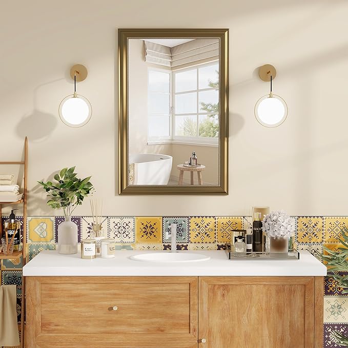 Axeman 30x40 Rectangular Wall Mirror, Decorative Bathroom Mirror, Traditional Vintage Wall Mounted Mirror with Beaded Frame for Accent Living Room Vanity Bedroom Entryway, Gold