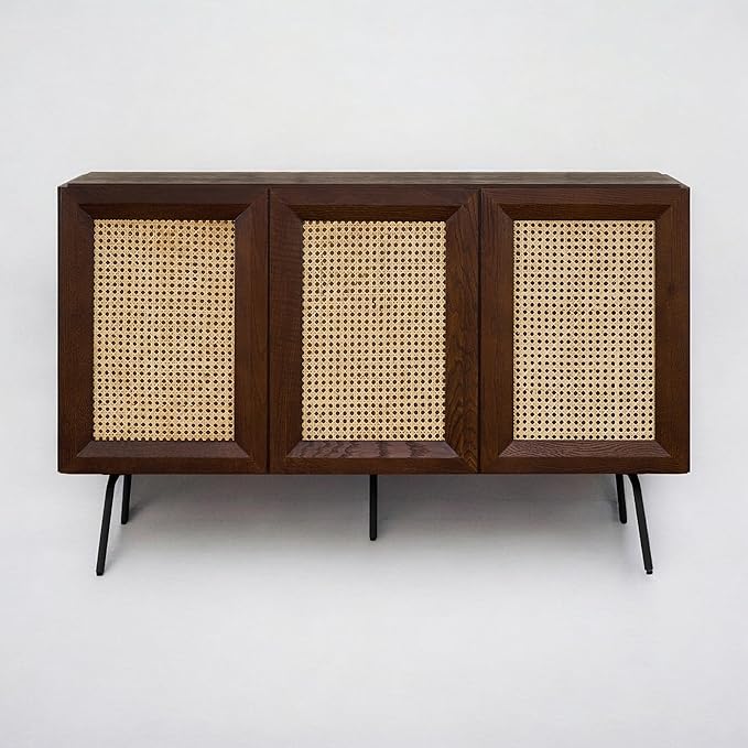 NTC MOSSIC Modern Sideboard with 3 Doors, Natural Rattan Storage Cabinet, Buffet with Metal Legs, Boho Accent Cabinet for Living Room, and Entryway, Effortless Assembly - Dark Walnut