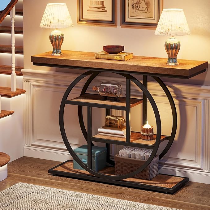 Tribesigns 41.3" Console Table, Industrial 4-Tier Sofa Table Entryway Table with Circle Base, Narrow Wood Accent Tables with Storage Shelves for Living Room, Hallway, Foyer, Light Brown