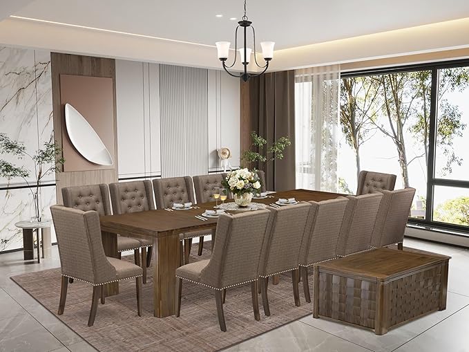 X12FO-0C8-18 - 14 Pieces Kitchen Dining Table Set includes an Extendable Rectangle Kitchen Table, 1 Coffee Table and 12 Dining Chairs, 39x120 Inch, Antique Walnut