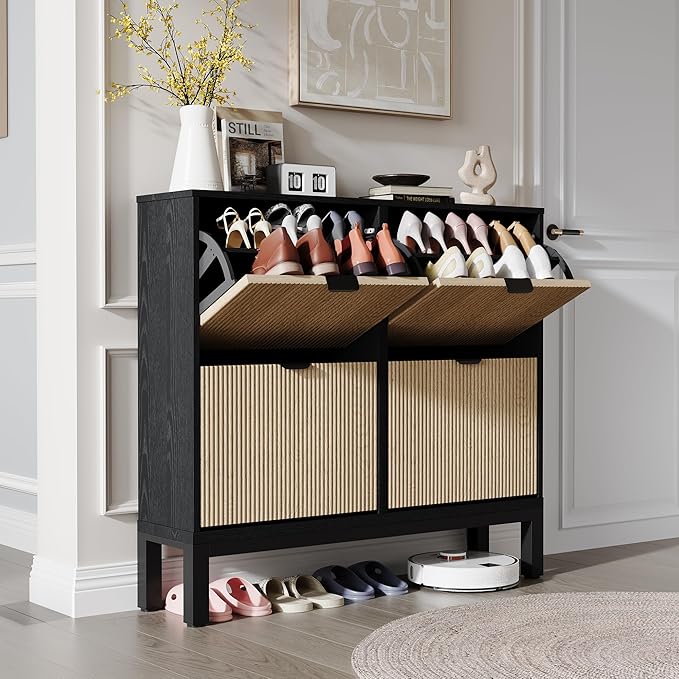 GarveeHome Shoe Storage Cabinet with 4 Flip Drawers, Farmhouse Fluted Shoe Organizer with Metal Legs, Freestanding Hidden Slim Narrow Shoe Rack for Entryway, Foyer, Hallway