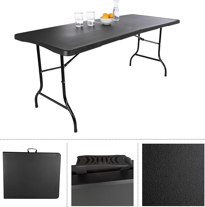 Everyday Home Folding Table - Lightweight Portable Folding Desk - 6-Foot-Long Plastic Table for Camping, Playing Cards, Parties, and Dining (Black)