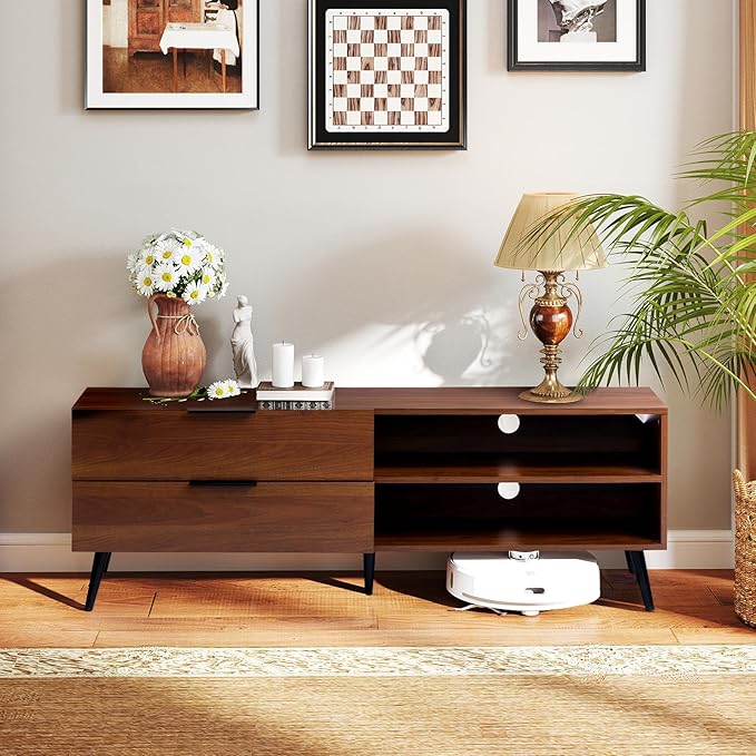 HollyHOME Wood TV Stand for TVs up to 65", Mid Century TV Stand with Storage, Modern Entertainment Center with 2 Drawers, Accent TV Media Console Table for Living Room, 53"(L), Retro Brown
