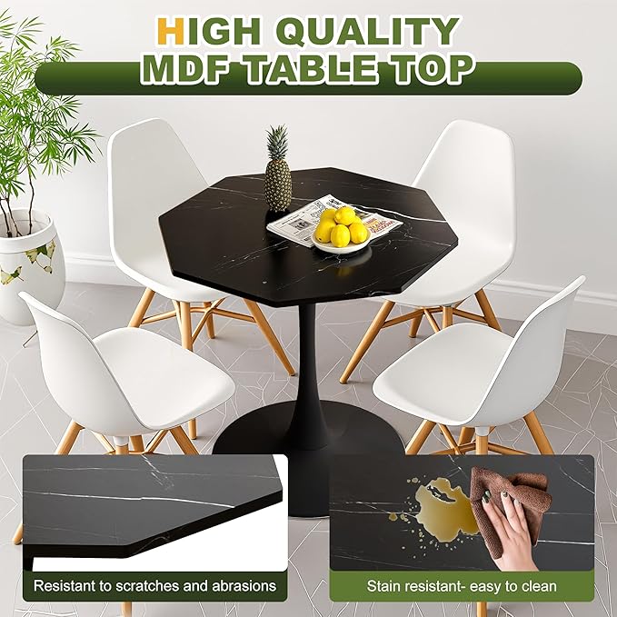 Dining Table for 2-4, 31.5" Kitchen Table with Printed Marble Top, Modern Tables for Dining Room, Living Room, Coffee Bar, Black