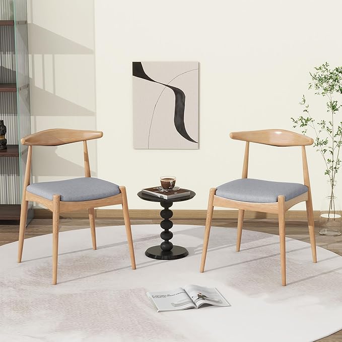 5-Piece Dining Set, Mid-Century Modern Solid Wood Table & Chair Set for 4, Kitchen, Dining Room, Restaurant, Natural Oak+Gray