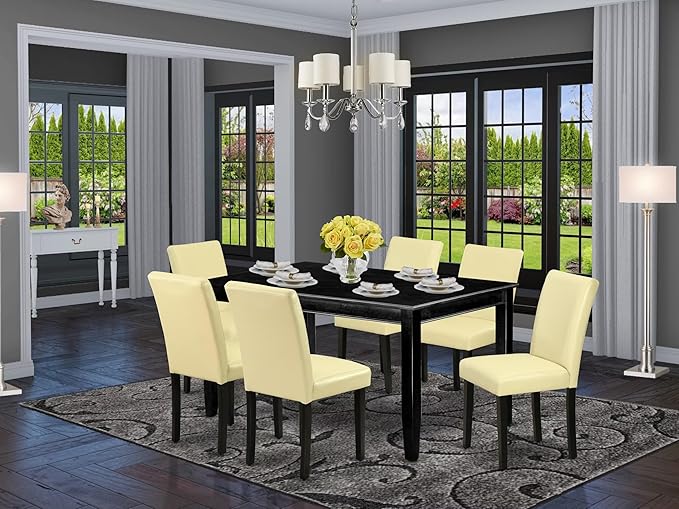 East West Furniture DUAB7-BLK-73 7 Piece Kitchen Table & Chairs Set Consist of a Rectangle Dining Room Table and 6 Eggnog Faux Leather Upholstered Chairs, 36x60 Inch, Black