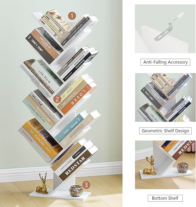 Hoctieon 10 Tier Tree Bookshelf, 10 Shelf Bookcase, Free Standing Tree Bookcase, Display Floor Standing Shelf for Books, Book Organizer Shelves for Home Office, Living Room, Bedroom, White