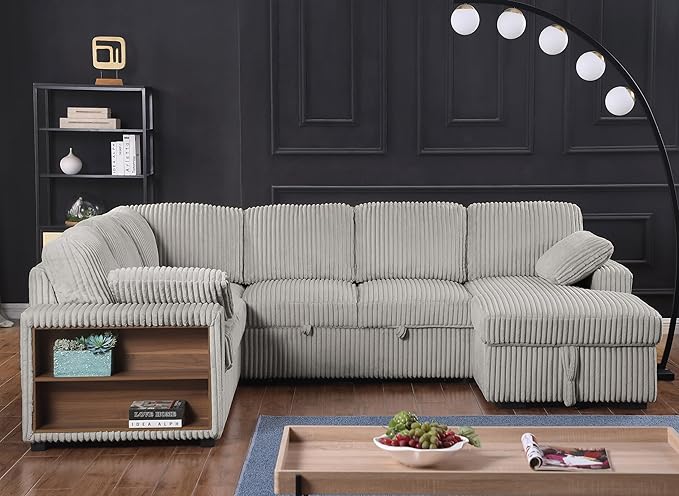 Eafurn Oversized U Shaped Convertible Sleeper Sectional Sofa w/Pull Out Couch Bed, 6 Seater Corduroy Upholstered Corner Lounge Sofa Couch Sleeper Sofabed w/Storage Chaise,Shelves