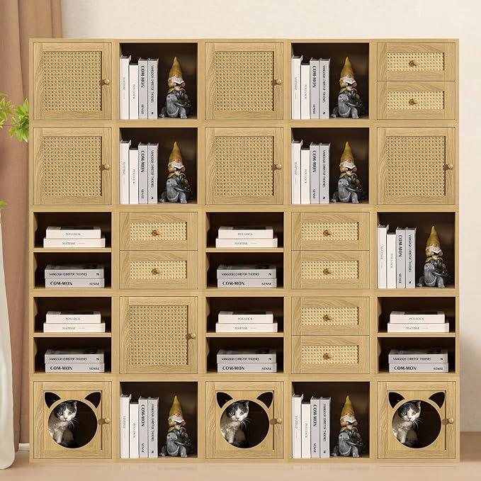 Magic DIY Cube Storage Organizer Stackable Cubes for Home Books Clothes Toy -Modular Cubby Storage System -Closet Organizer -Bookcase Closet(Yellow Oak,Cat Door Cube)