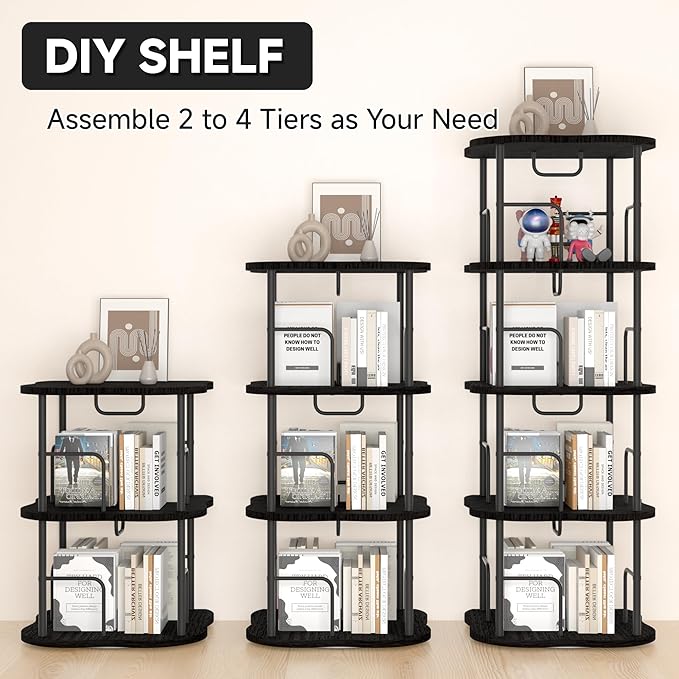 4-Tier Rotating Book Shelf, 360° Display Spinning Bookshelf Tower, Book Organizer, Floor Standing Bookcases for Small Space, Corner Book Shelf for Bedroom, Living Room, Study Room (Black)