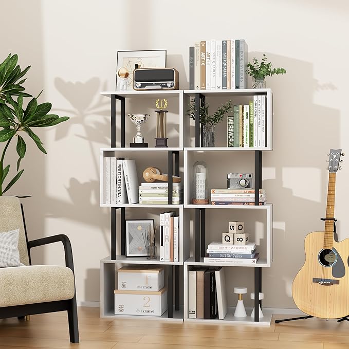 Gadroad 4-Tier Bookshelf, Narrow S-Shaped Geometric Bookcase, Wood Decorative Storage Shelving, Modern Freestanding Display Shelves, Book Shelf Unit for Living Room Bedroom Home Office, White