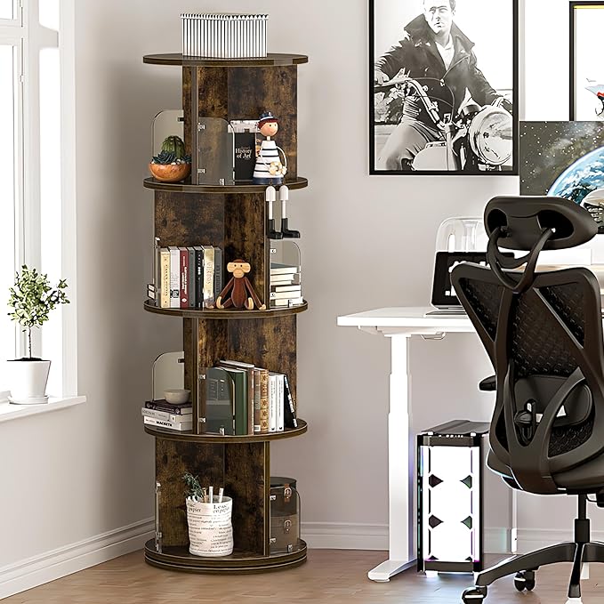 VECELO Rotating Bookshelf Tower, 360°Revolving Bookcase, Round Book Shelf Rotating, Stackable Storage Display Rack Floor Standing, Corner Bookshelf for Home Office, Brown