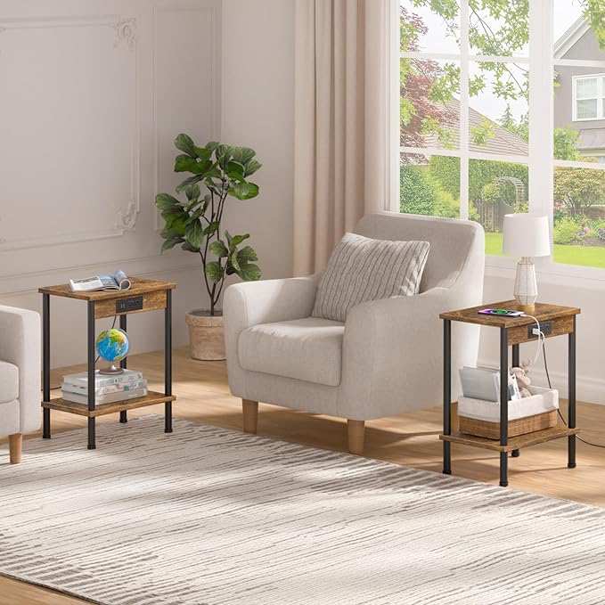 End Table with Charging Station,Small Side Table,2-Tier Nightstand with Storage Shelf,Sofa Bedside Table for Small Spaces in Living Room,Bedroom,Office,Easy Assembly,Rustic Brown