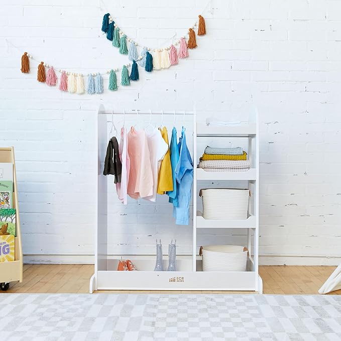 ECR4Kids Dress Up Center with Mirror, Costume Organizer, White Wash