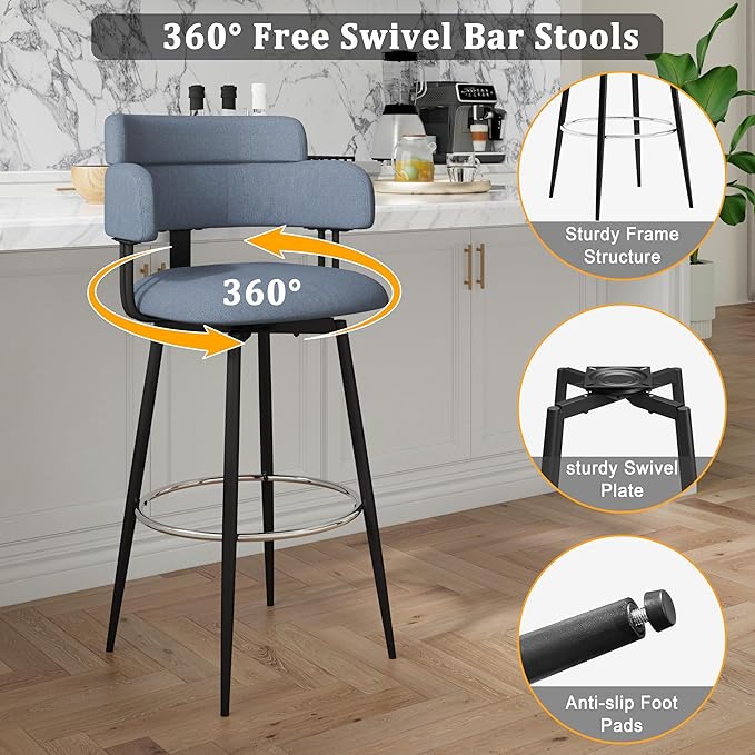 Swivel Bar Stools Set of 2, Counter Height Bar Stools with Ergonomic Full Back, Upholstered Linen Fabric Barstools with Chrome Metal Footrest for Kitchen Island, Dining Room