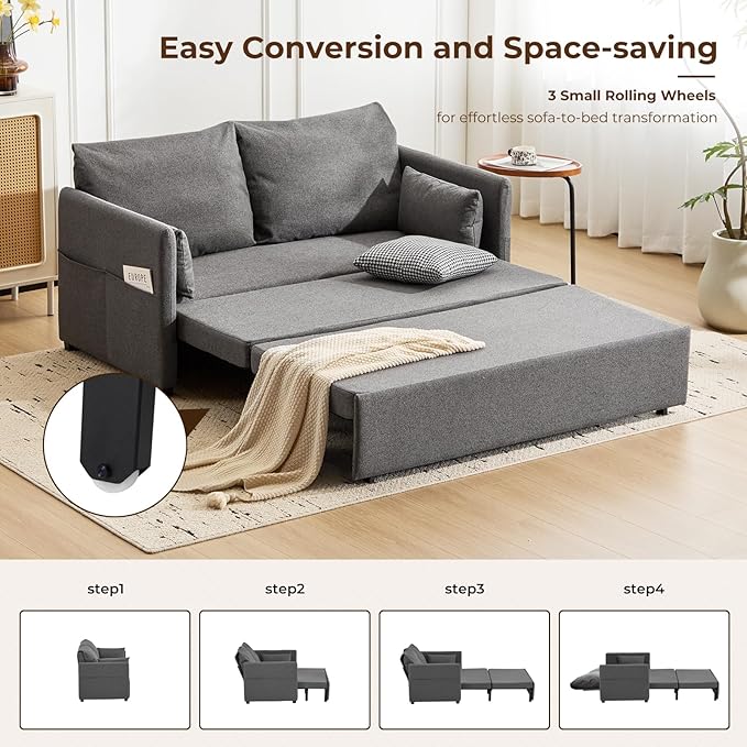 Furnimart 62" Queen Size Pull Out Sofa Bed, 3 in 1 Convertible Sleeper Bed with 6-Position Adjustable Backrest & Side Pockets, Modern Linen Loveseat Futon Couch for Living Room, Apartment, Dark Grey