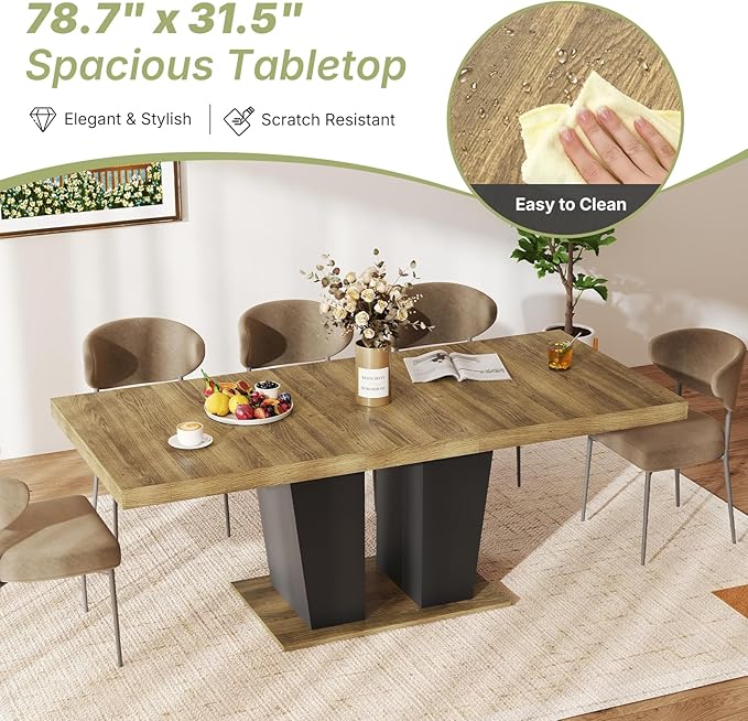 63"-78.7" Expandable Dining Table, 6-10 Rectangle Table, Extendable Console Table, Wooden Farmhouse Kitchen Table with Metal Track & Dual Column Base for Living, Office-Beige Brown