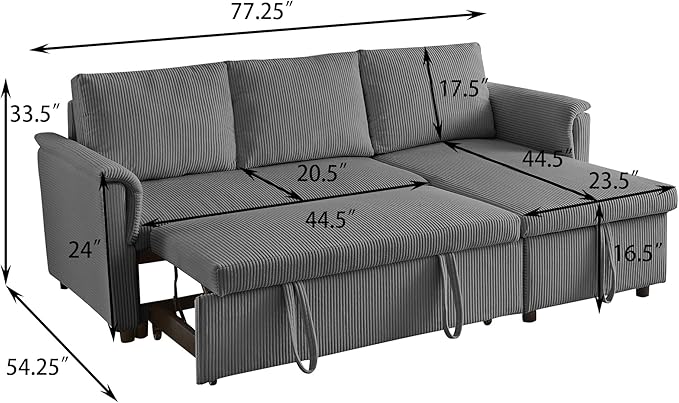 Ball & Cast Reversible Sectional Sofa Couch,L-Shape Sleeper Sofa Bed with Storage Chaise Pull Out Couch for Living Room | Hidden Storage | Pull Out Bed | Removable Backrest | Corduroy Fabric,Gray