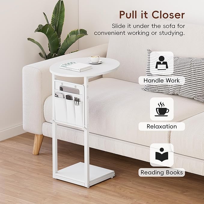 Vagusicc C Shaped End Table, Adjustable Height Small Side Table for Couch and Recliner, 32" Tall Couch Side Table Slide Under Sofa Tray Desk with Storage Bag for Living Room and Bedroom, White