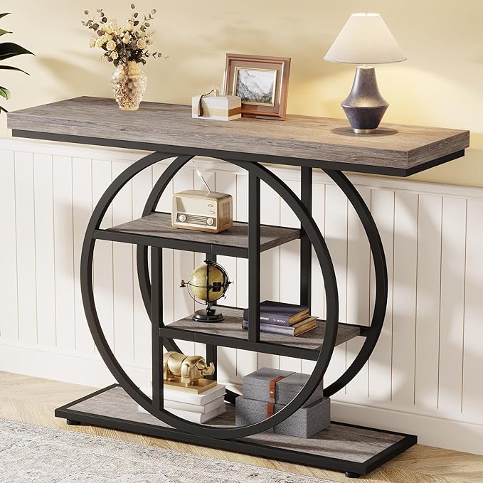 Tribesigns 41.3" Console Table, Industrial 4-Tier Sofa Table Entryway Table with Circle Base, Narrow Wood Accent Tables with Storage Shelves for Living Room, Hallway, Foyer, Gray