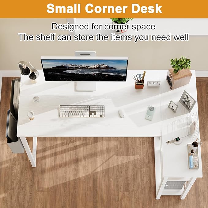 L Shaped Computer Desk with Reversible Shelves, 47 Inch Small Corner Desk with Storage Bag, Gaming Desk Computer Table Study Writing Desk for Home Office Small Space, White