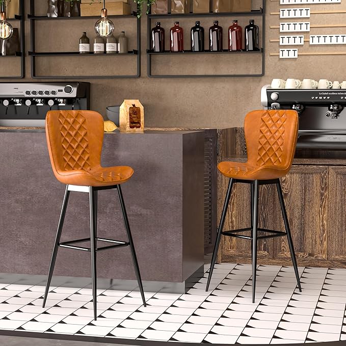 VECELO Quilted Bar Stools Set of 2, Bar Height Bar Stools with Back & Footrest, PU Leather with Stitching, Mid-Century Modern, 100% Virgin Cotton, 30" Tall, for Kitchen Home Bar, Caramel Brown
