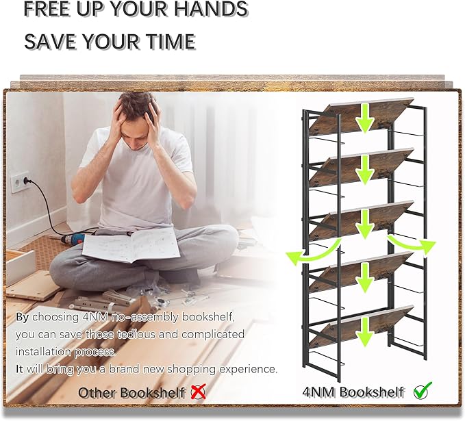 4NM No Assembly 5 Tiers Book Shelves, Black Folding Bookshelf Bookcase Open Industrial Foldable Shelves for Bedroom, Living Room, Home Office - Rustic Brown Black