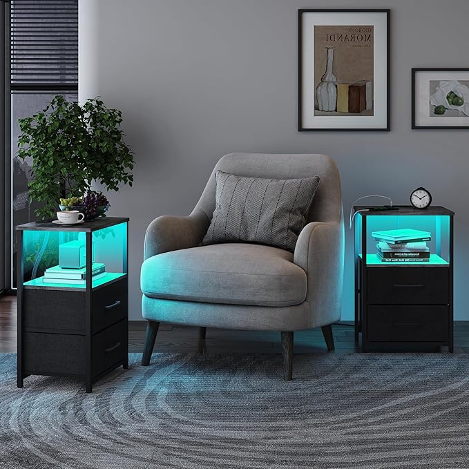 TUTOTAK LED End Table with Charging Station, Nightstand with Cloth Drawer, Side Table with 1 USB Port and 1 Type-C Port, Set of 2, Couch Table, Charcoal Grey TB01BY052L