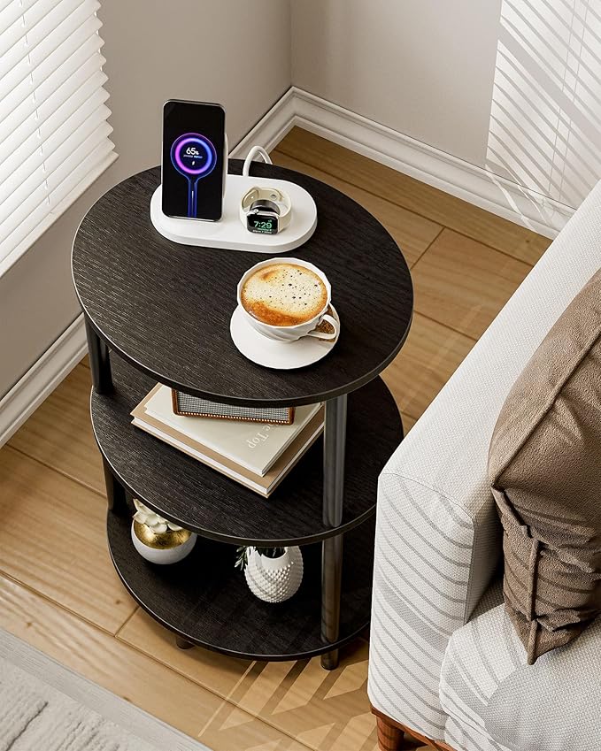 Small Round Side Table - 3-Tier Oval Accent Table for Small Spaces, Rustic Wood and Metal Nightstand for Living Room or Bedroom, Built-in USB Ports and Power Outlet, Charcoal Wenge