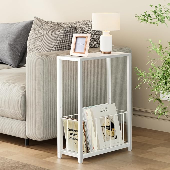 Narrow Side Table with Magazine Holder, Skinny End Table Perfect for Small Spaces, Space-Saving Design for Living Room, Bedroom, or Office, 7.1" D x 16.9" W x 23.6" H, White