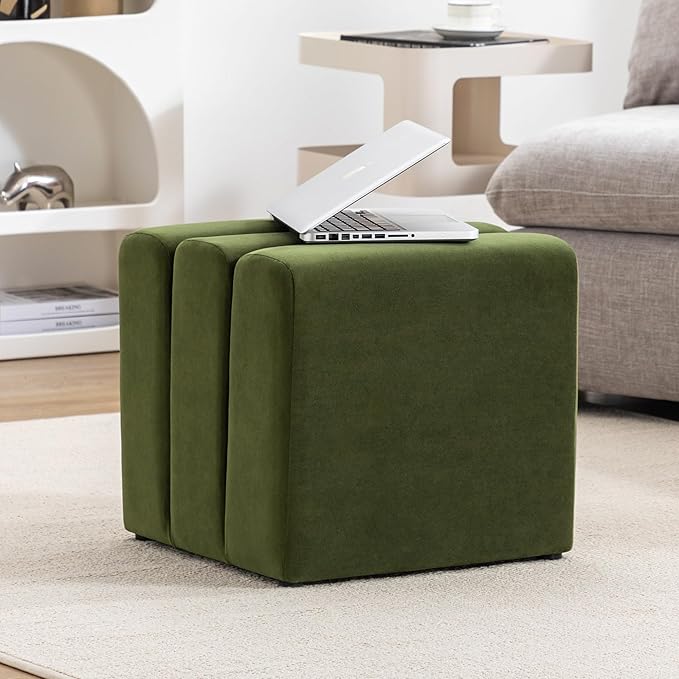 ONEVOG 18" Large Square Ottoman Foot Rest, Olive Green Velvet Fabric Upholstered Modern Cube Footstool, Vanity Stools, Couch Footrest, Comfy Ottoman Pouf Seat for Living Room, Bedroom, Coffee Table