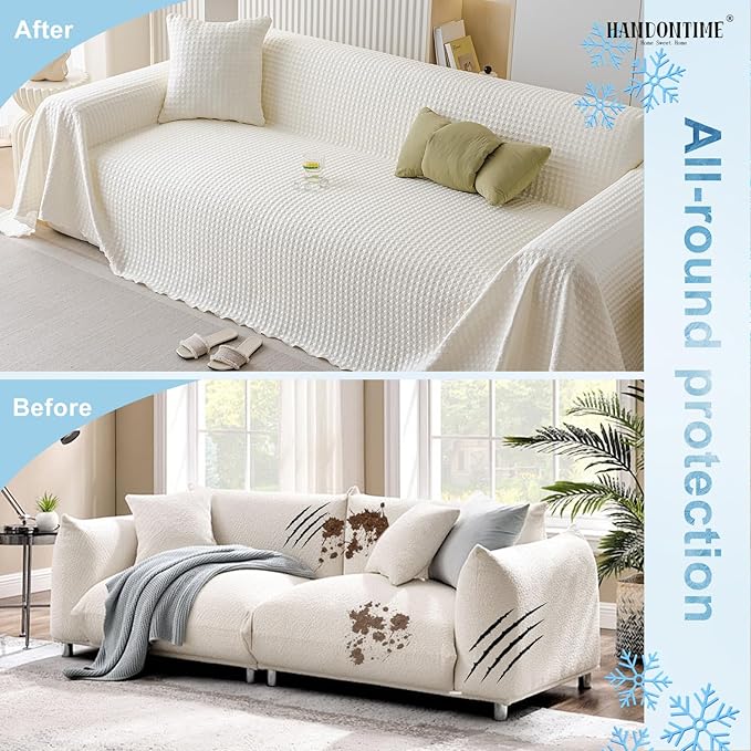 HANDONTIME Cooling Dog Couch Cover Ice Silk Washable & Breathable Pet Sofa Protector, Durable Couch Covers for Sofa Pet Friendly Soft Dog Cooling Bed Cover Sofa Protector Covers (Ivory, 71"x134")