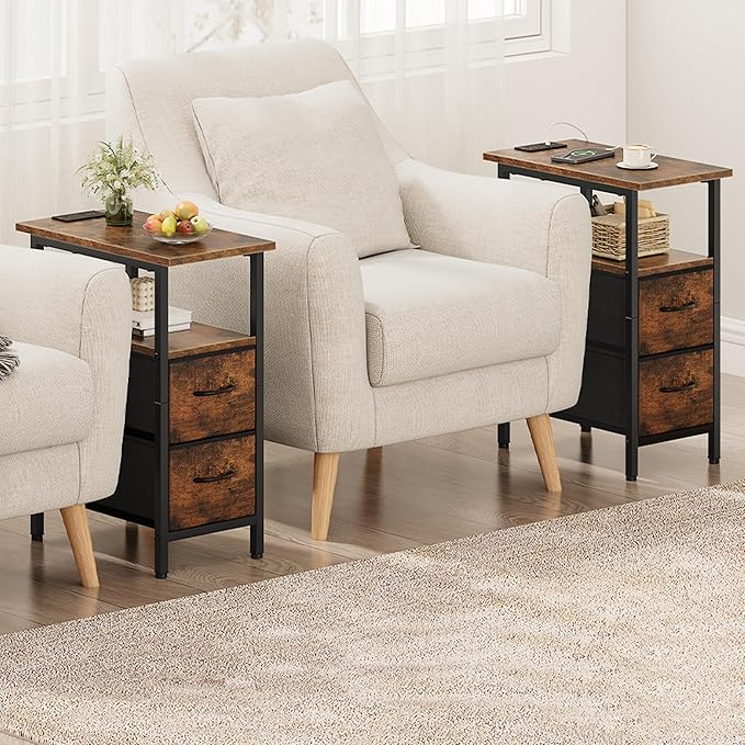 Vagusicc End Table with Charging Station, Narrow Side Table, 23.8'' Tall Nightstand with 2 Fabric Drawers, Small Sofa Side Table Narrow Nightstand for Small Spaces, Living Room, Bedroom, Rustic Brown