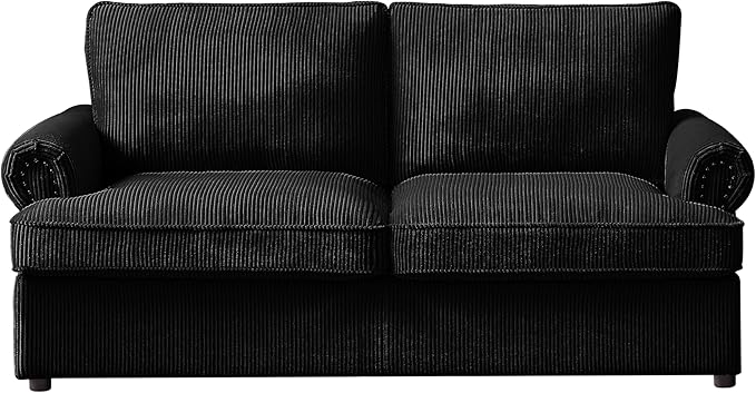 Reversible Sleeper Sofa Bed with Comfortable Memory Foam Mattress, Convertible Corduroy Full Size Pull Out Couch for Living Room, Space Saving Furniture, 72" Wide, Rounded Arms, Black