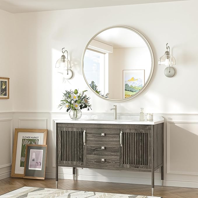 TokeShimi 30 Inch Brushed Nickel Mirror Round Tempered, Shatterproof Bathroom Vanity Mirror Circle, Metal Farmhouse Wall Mounted Mirror for Vanity, Entryway, Bedroom, Restroom, Living Room