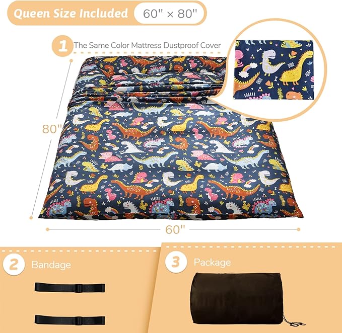 Dinosaur Japanese Floor Futon Mattress for Boys Girls, Thicken Tatami Mat Sleeping Pad Foldable Bed Roll Up Mattress Floor Lounger Bed Couches and Sofas for Kids Queen Size