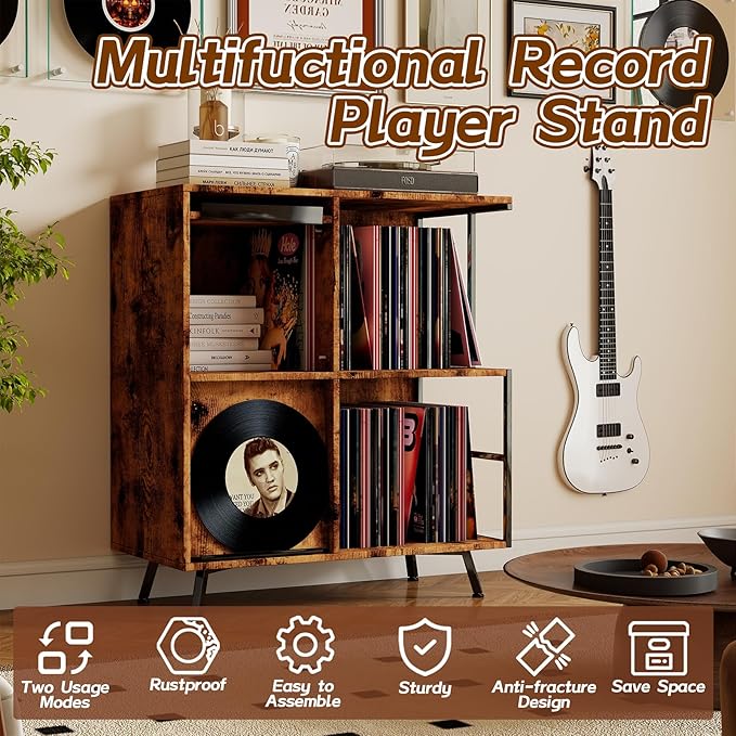 3 Tier Record Player Stand, Flip Top Record Player Cabinet, Mid Century Record Player Table with Shelves Holds up to 300+ Albums, Vinyl Record Storage with 4 U-Dividers for Living Room Bedroom, Brown
