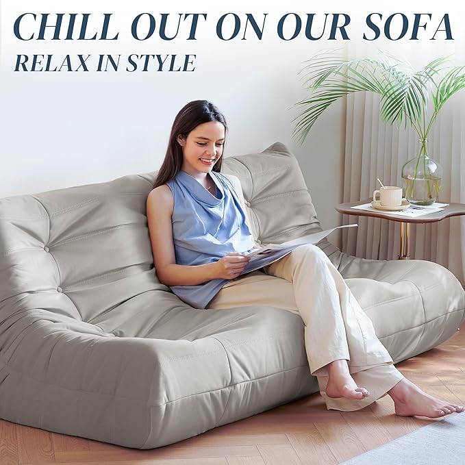 Bean Bag Chair, Large Fireside Chair Bean Bag Sofa for Adults, 3 Seater Bean Bag Chairs for Teens with High-Resilience Foam, Memory Foam Bean Bag for Living Room, Bedroom, Office (Suede, Light Gray)