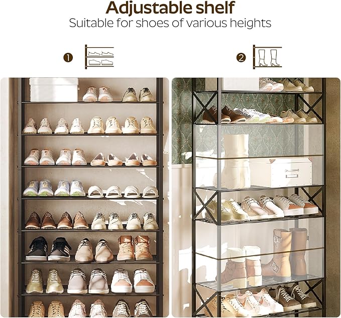 10 Tier Shoe Rack, Large Capacity Shoe Storage Organizer Holds 40 Pairs, Durable and Stable, for Entryway, Hallway, Closet, Dorm Room, Charcoal SS10BCG1