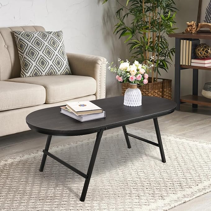 Small Oval Coffee Table Wood and Metal Folding Low Coffee Tables with Safety Lock Portable Outdoor Table Floor Center Table for Living Room Small Spaces, Black Gold
