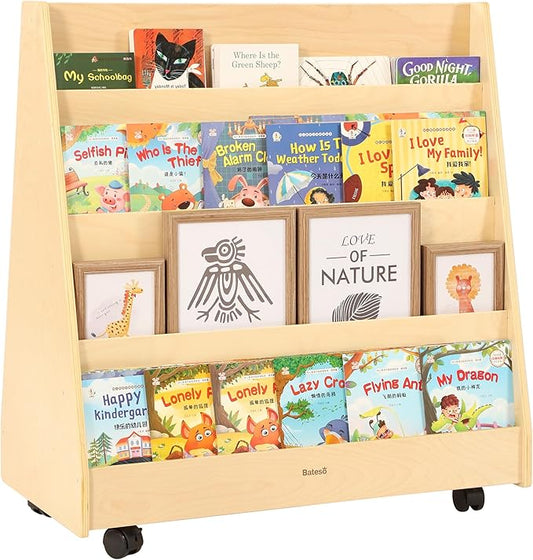 Kids Bookshelf for Toddlers and Babies, Double-Sided Wooden Montessori Bookshelf for Kids Room, Baby Book Shelf with Storage for Nursery, Classroom, Playroom