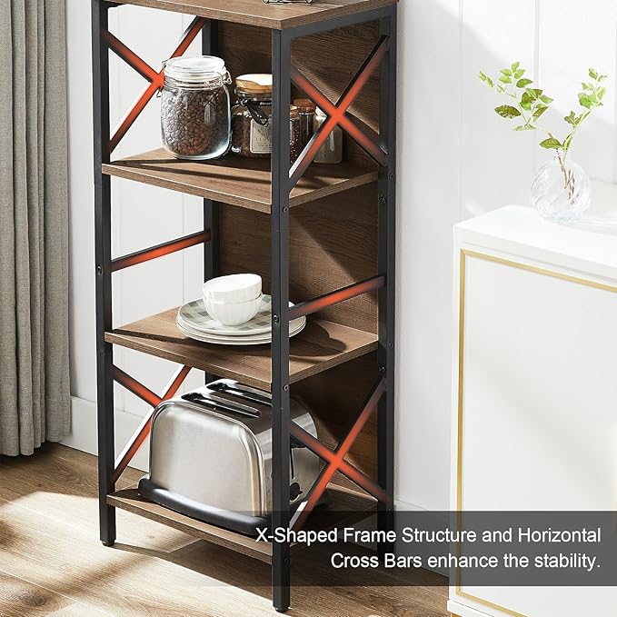 Small Bookshelf,4 Tier Industrial Bookcase with Metal Frame and Backboard,Narrow Rustic Brown Book Shelf,Book case for Small Spaces,Living Room,Bedroom and Home Office