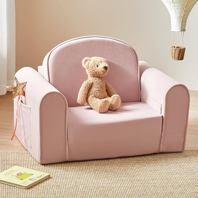 Tiny Land 2-in-1 Foldable Kids Couch with Pockets – Soft Thick Toddler Sofa, Lounger Couch, Convertible Kids Chair for Playroom, Bedroom or Living Room, Gift for Boys & Girls (Pink)