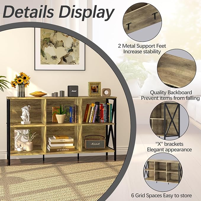 Horizontal Bookshelf Bookcase,6 Cube Storage Organizer with Open Shelf,47 Inch Industrial Low Wide Wood and Metal Cubby shelf,Long shelving unit for Home Office Living Room(Rustic Oak,6 Cube)