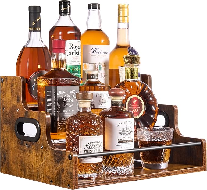 3-Tier Liquor Bottle Display Shelf - Holds up to 12 Bottles, Rustic Wood Bar Shelves for The Home Bar, Countertop Whiskey and Bourbon Organizer with Anti-Slip Pads