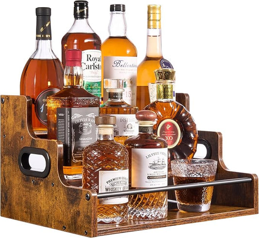 3-Tier Liquor Bottle Display Shelf - Holds up to 12 Bottles, Rustic Wood Bar Shelves for The Home Bar, Countertop Whiskey and Bourbon Organizer with Anti-Slip Pads